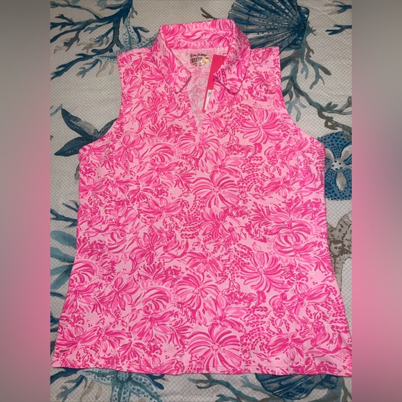 Lilly Pulitzer MEDIUM Foxy Llama IMARA SLEEVELESS POLO TOP Pink Blossom - Picture 1 of 6